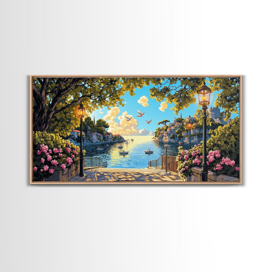 Sunny Mediterranean Harbor With Flowers And Lamps Wall Art, Coastal Canvas Print, Italian Decor, Living Room Wall Decor Gift