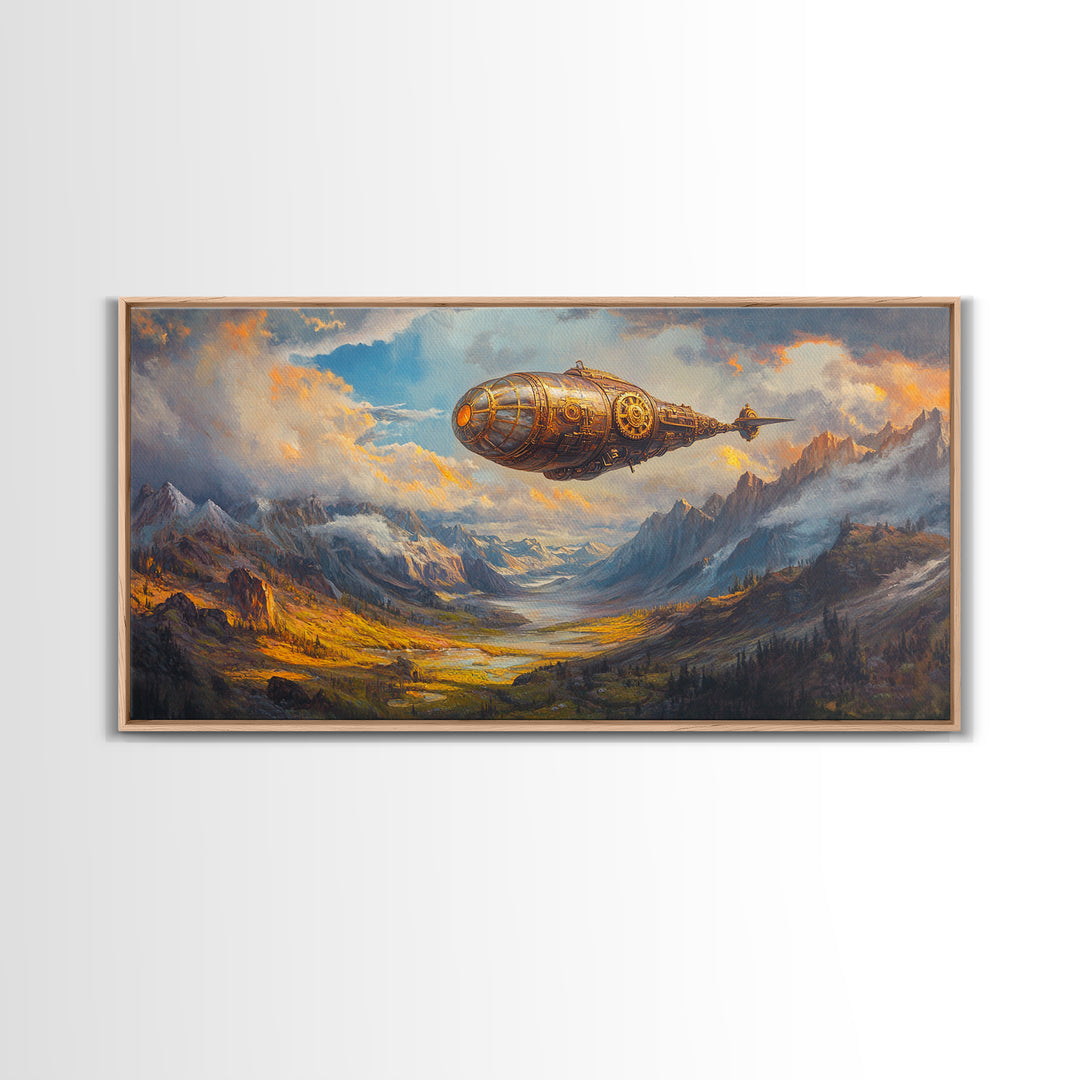 Golden Steampunk Airship Over Snowy Mountain Valley Canvas Print, Fantasy Wall Art, Moody Landscape Art, Office Decor Gift