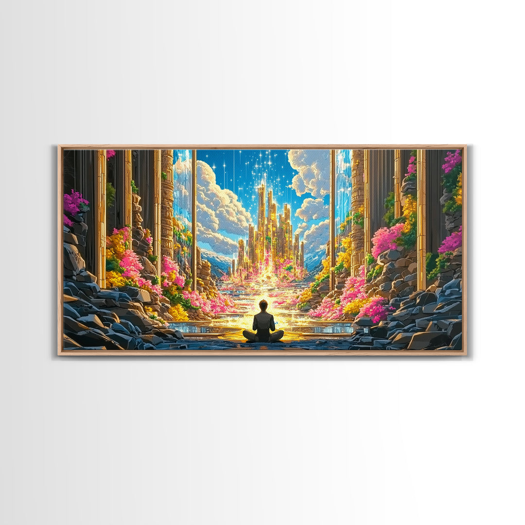 Meditating Figure Before Golden Celestial City Canvas Print, Fantasy Wall Art, Spiritual Decor, Meditation Room Art Gift