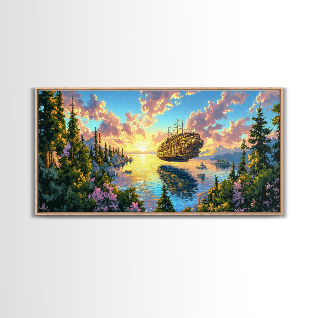 Steampunk Airship Over Sunset Forest Lake Framed Canvas Print, Fantasy Wall Art, Nature Decor, Cabin Living Room Art Gift