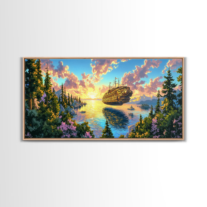 Steampunk Airship Over Sunset Forest Lake Framed Canvas Print, Fantasy Wall Art, Nature Decor, Cabin Living Room Art Gift