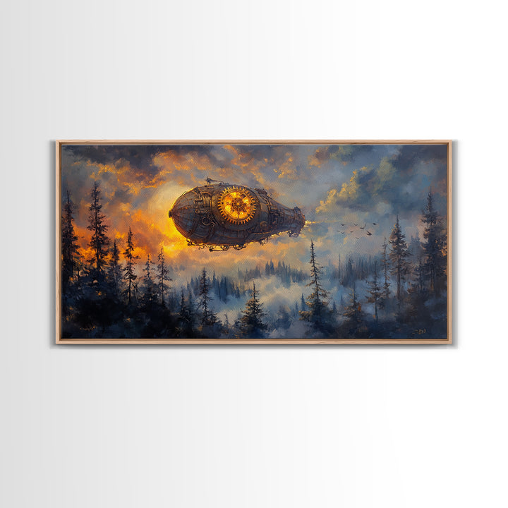 Moody Steampunk Airship Above Misty Pine Forest Canvas Print, Dark Fantasy Wall Art, Industrial Decor, Masculine Office Art