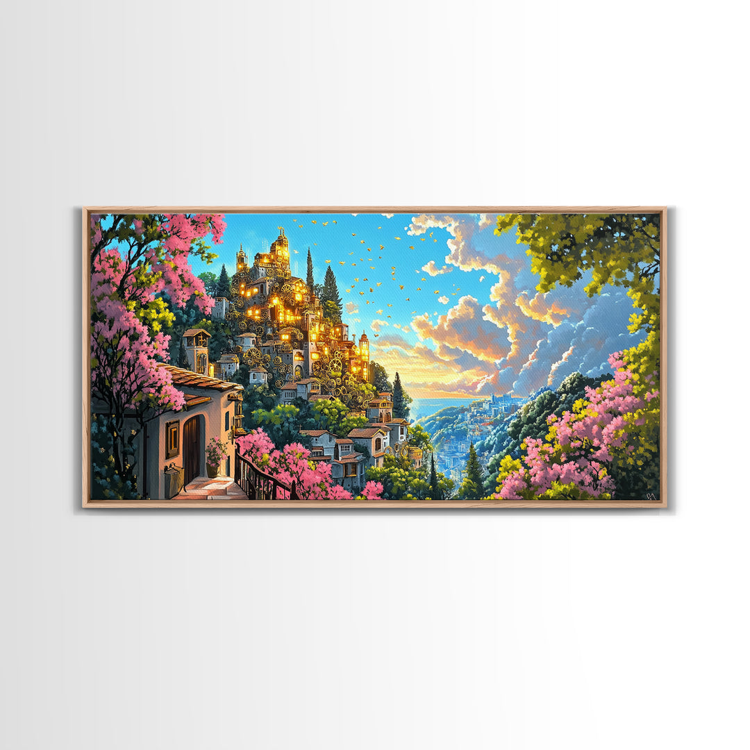 Golden Hilltop Castle With Pink Blossoms And Blue Valley Wall Art, Fantasy Canvas Print, Mediterranean Decor, Maximalist Art Gift
