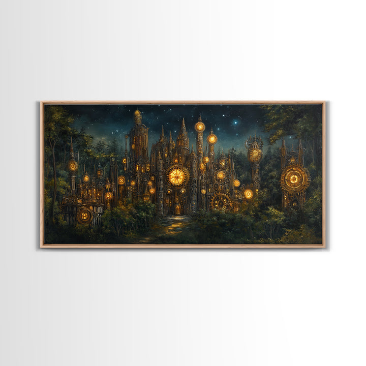 Clockwork Cathedral In Starry Forest Wall Art, Steampunk Fantasy City Canvas, Gothic Celestial Decor, Moody Office Print
