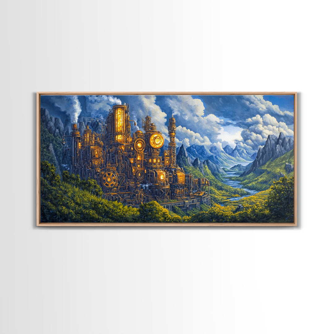 Steampunk Mountain Fortress Canvas Print, Industrial Fantasy Landscape Art, River Valley Wall Decor, Adventure Home Decor