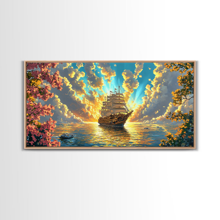 Golden Sailing Ship Canvas Print, Sunset Ocean Seascape Wall Art, Nautical Coastal Decor, Romantic Beach House Living Room Art