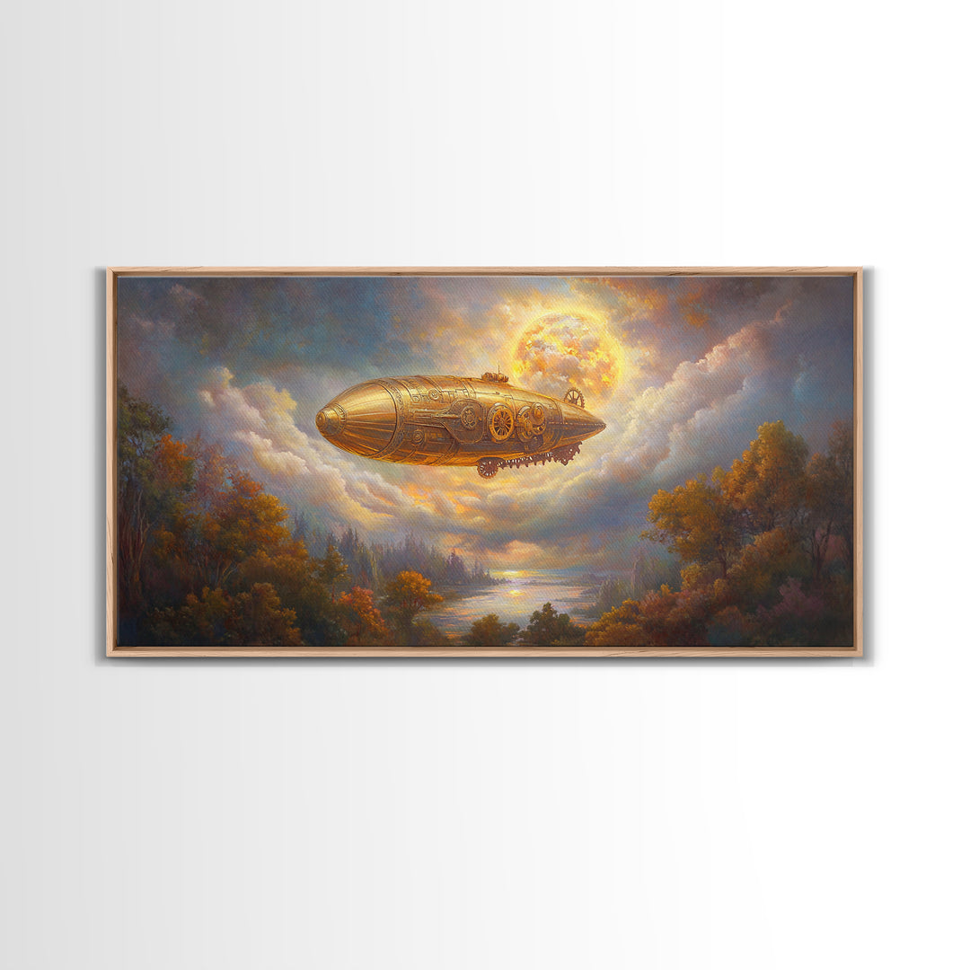 Golden Steampunk Airship Framed Canvas Print, Autumn River Landscape Wall Art, Celestial Moon Decor, Fantasy Office Art Print