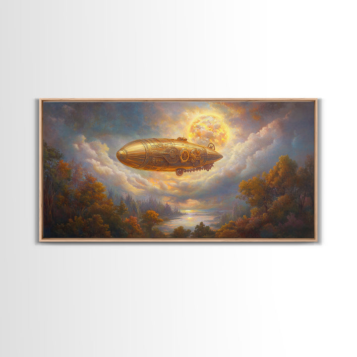 Golden Steampunk Airship Framed Canvas Print, Autumn River Landscape Wall Art, Celestial Moon Decor, Fantasy Office Art Print