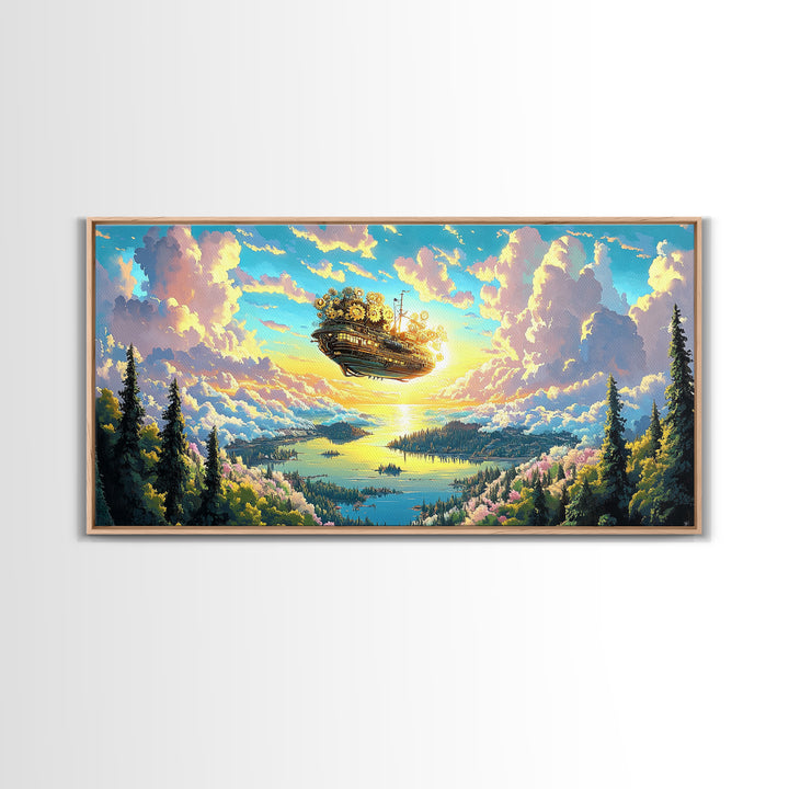 Floating Clockwork Island Canvas Print, Dreamy Lake Sunrise Wall Art, Pastel Cloud Fantasy Decor, Whimsical Home Decor Art