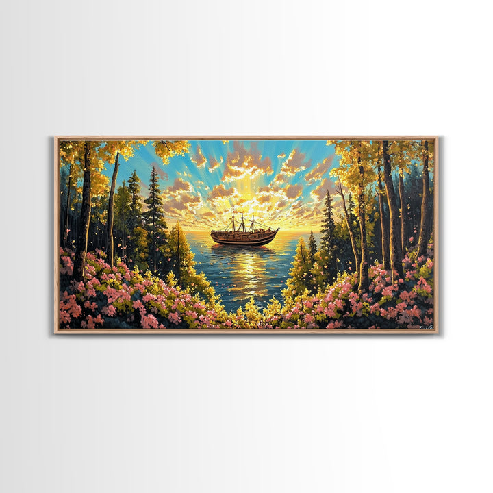 Sunset Boat On Forest Lake Wall Art, Wildflower Coastal Landscape Canvas Print, Rustic Nature Home Decor, Cozy Cabin Art