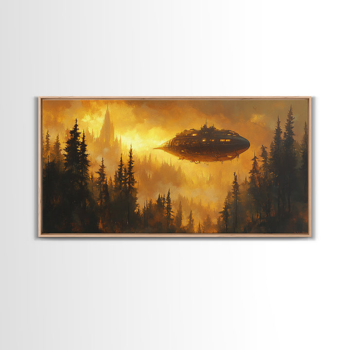 Golden Airship Over Pine Forest Wall Art, Dark Fantasy Castle Canvas Print, Moody Steampunk Landscape, Gothic Home Decor