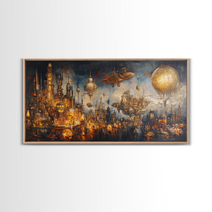 Steampunk Fantasy City With Airships Framed Canvas Print, Futuristic Wall Art, Dark Sci Fi Decor, Large Gothic Skyline Art