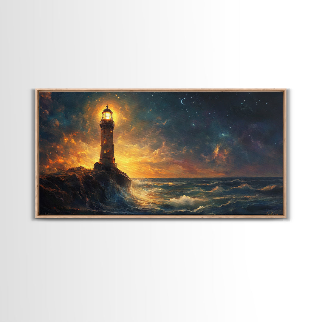 Stormy Lighthouse At Night Framed Canvas Print, Moody Seascape Wall Art, Coastal Decor, Ocean Painting, Gift For Him, Office Decor