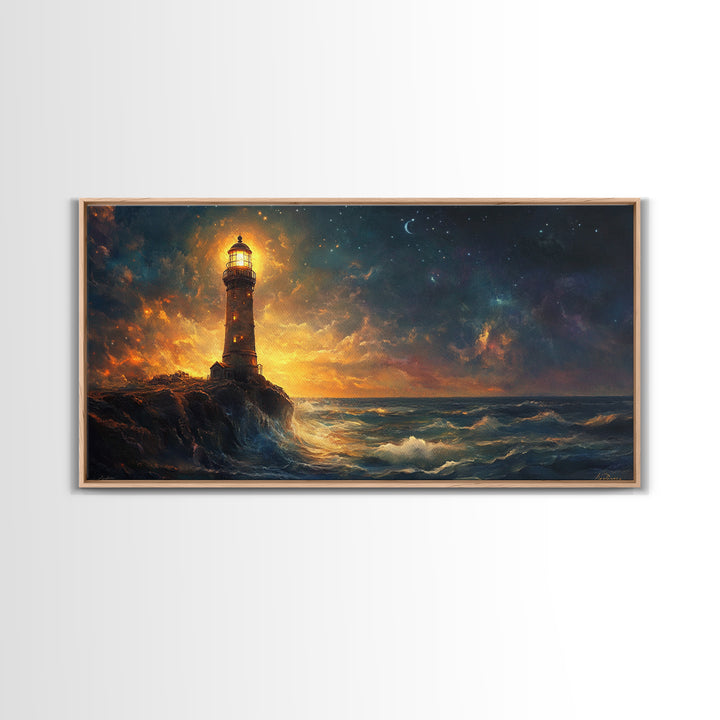 Stormy Lighthouse At Night Framed Canvas Print, Moody Seascape Wall Art, Coastal Decor, Ocean Painting, Gift For Him, Office Decor