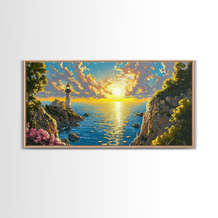 Golden Coastal Cove Lighthouse Canvas Print, Beach Wall Art, Ocean Sunset Painting, Nautical Decor, Living Room Wall Art