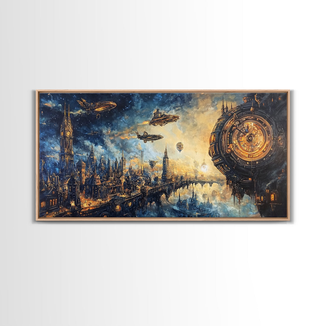 Sci Fi Clockwork City With Airships Framed Canvas Print, Futuristic Wall Art, Space Decor, Cyberpunk Cityscape Art, Large Wall Art