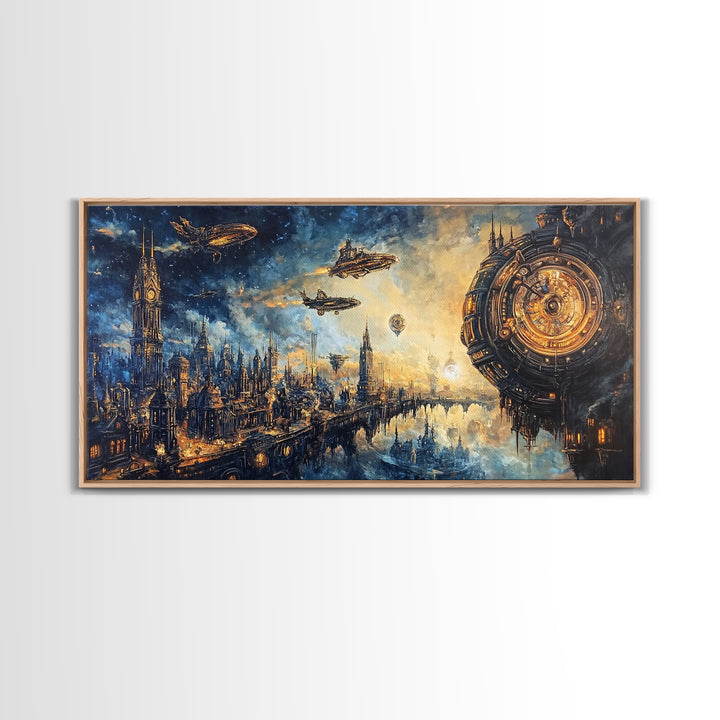 Sci Fi Clockwork City With Airships Framed Canvas Print, Futuristic Wall Art, Space Decor, Cyberpunk Cityscape Art, Large Wall Art
