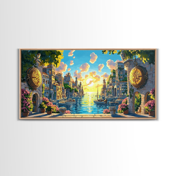 Glowing Canal City With Golden Portals Framed Canvas Print, Mediterranean Wall Art, Coastal Decor, Fantasy Landscape Art