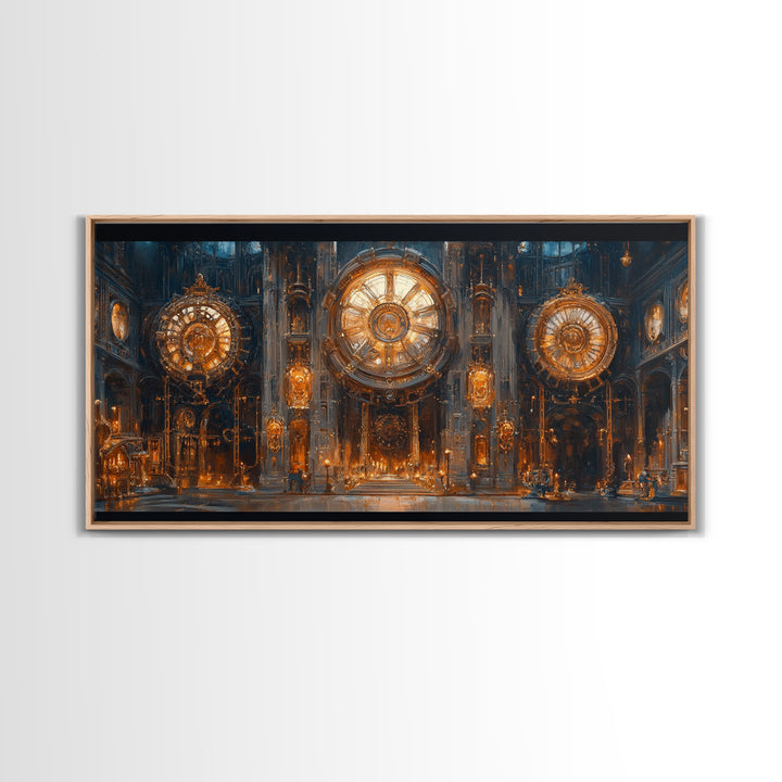 Ornate Steampunk Clock Hall Framed Canvas Print, Gothic Wall Art, Industrial Decor, Large Clockwork Interior Art, Office Decor