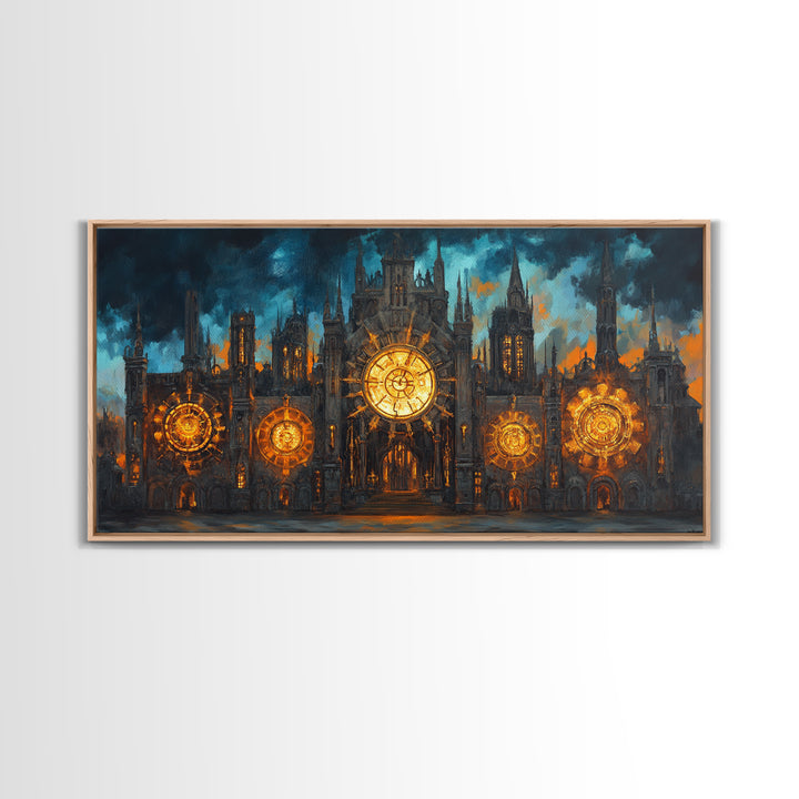 Gothic Clockwork Cathedral With Glowing Clocks Framed Canvas Print, Dark Academia Wall Art, Steampunk Decor, Large Wall Art