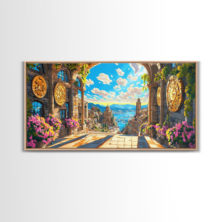 Sunlit Mediterranean Archway And Floral Coastal City Wall Art, Fantasy Italy Seascape Print, Large Travel Decor Home Decor Canvas Print