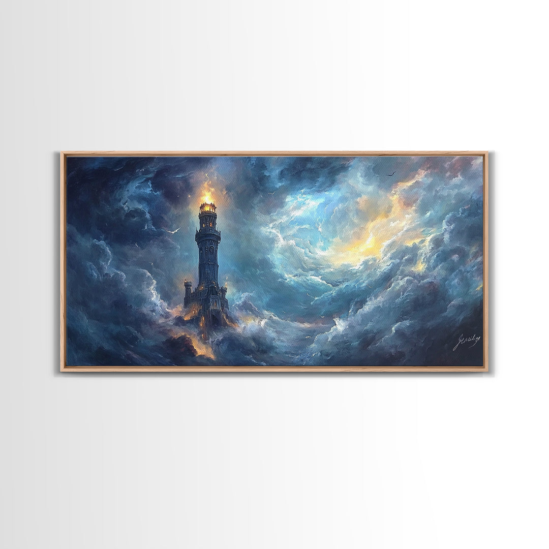Stormy Lighthouse In Rolling Clouds Framed Canvas Print, Moody Seascape Wall Art, Dark Fantasy Ocean Decor For Living Room