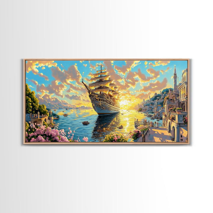 Golden Sailing Ship At Sunset Framed Canvas Print, Amalfi Coast Wall Art, Mediterranean Seascape Large Coastal Travel Home Decor