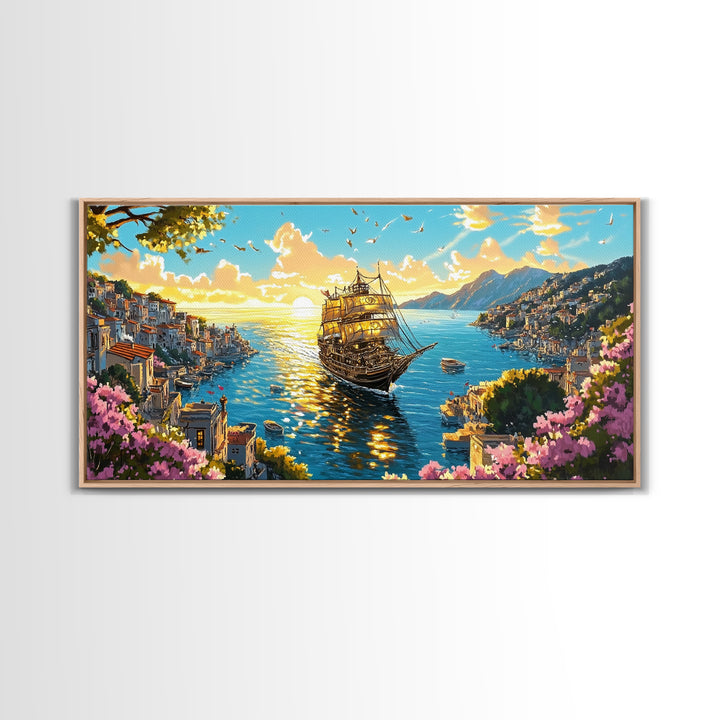 Ornate Ship In Sunlit Harbor Canvas Print, Mediterranean Coastal Wall Art, Floral Seascape Travel Home Decor For Living Room