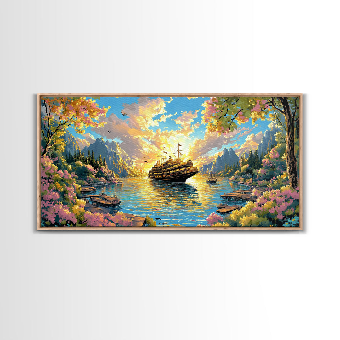 Mountain Lake With Blooming Flowers Wall Art, Fantasy Sailing Ship Canvas Print, Colorful Nature Landscape Large Home Decor