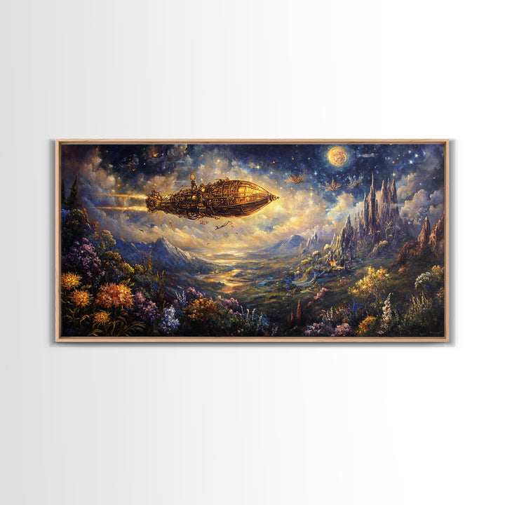 Golden Airship Over Moonlit Castle Valley Framed Canvas Print, Celestial Fantasy Wall Art, Steampunk Landscape Decor For Living Room