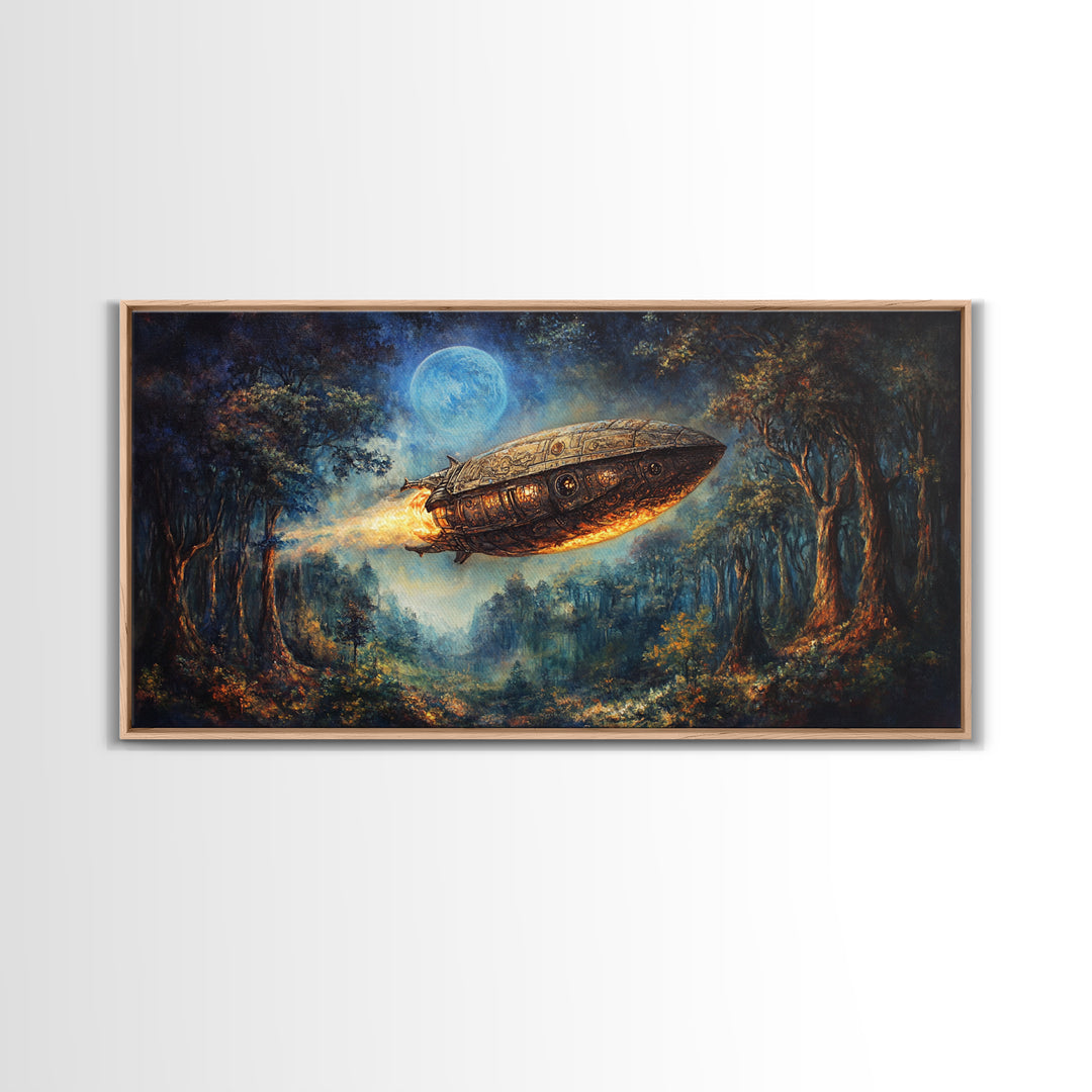 Moonlit Steampunk Airship In Dark Forest Framed Canvas Print, Fantasy Wall Art, Moody Gothic Living Room And Office Decor