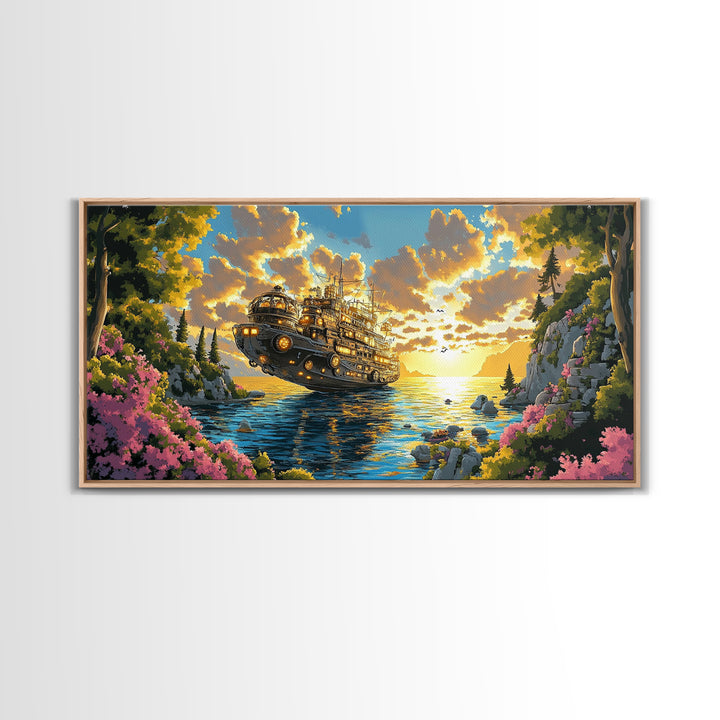 Mechanical Steampunk Ship On Sunlit Mountain Lake Canvas Print, Fantasy Wall Art, Colorful Coastal Living Room Decor Gift