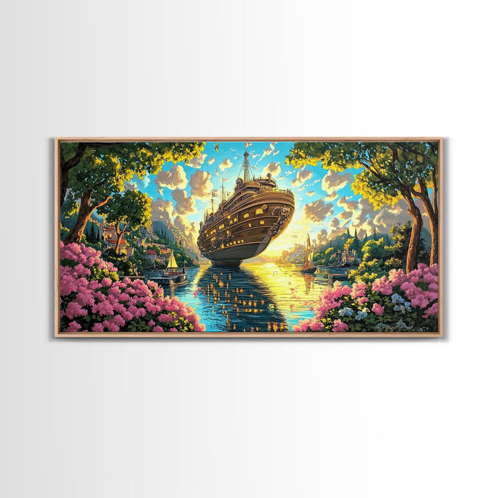 Ornate Floating Ship In Garden Harbor Canvas Print, Whimsical Fantasy Coastal Wall Art, Bright Lake House Living Room Decor