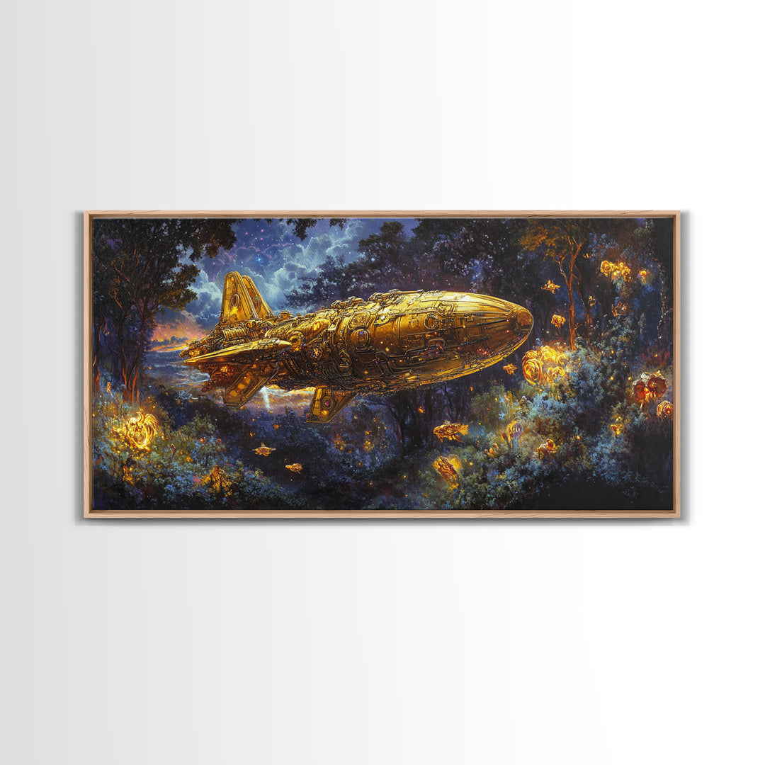 Golden Rocket Airship In Enchanted Night Forest Framed Canvas Print, Fantasy Wall Art, Firefly Woodland Decor For Bedroom