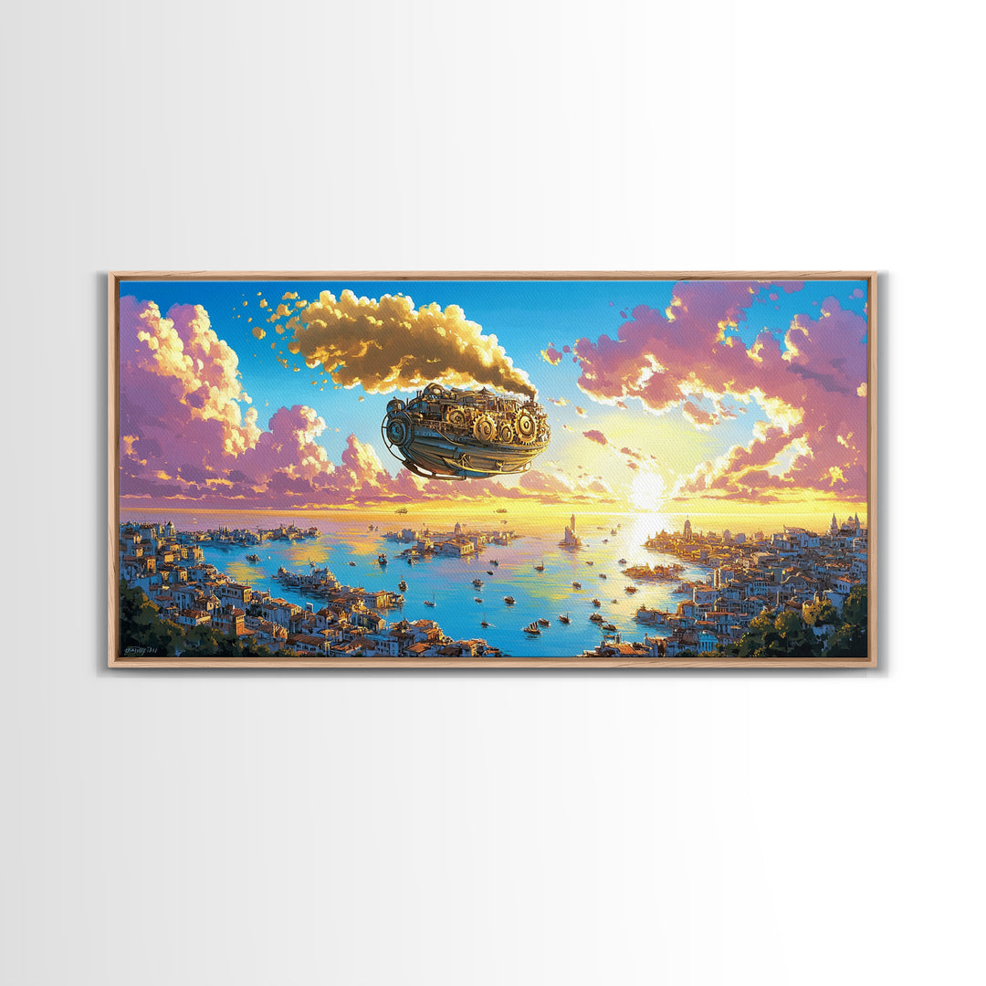Pastel Steampunk Airship Over Coastal City Sunrise Canvas Print, Fantasy Travel Wall Art, Colorful Mediterranean Home Decor