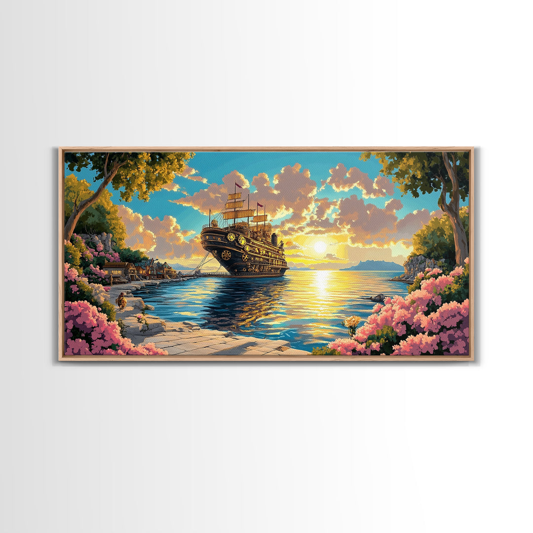 Ornate Steampunk Ship Docked In Flower Harbor Canvas Print, Fantasy Coastal Wall Art, Golden Sunset Living Room Decor Gift