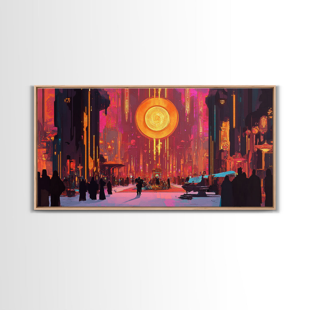 Neon Cyberpunk City With Golden Sun Disc Canvas Print, Futuristic Wall Art For Gaming Room And Modern Office Decor, Home Decor
