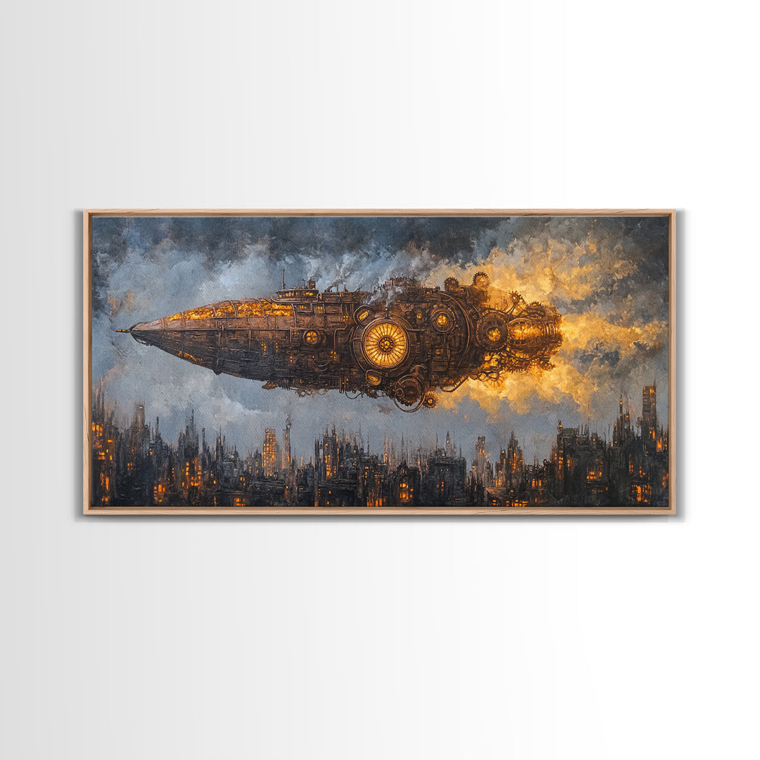 Steampunk Starship Over Smoky Dystopian Skyline Framed Canvas Print, Sci Fi Wall Art For Industrial Office And Man Cave Decor