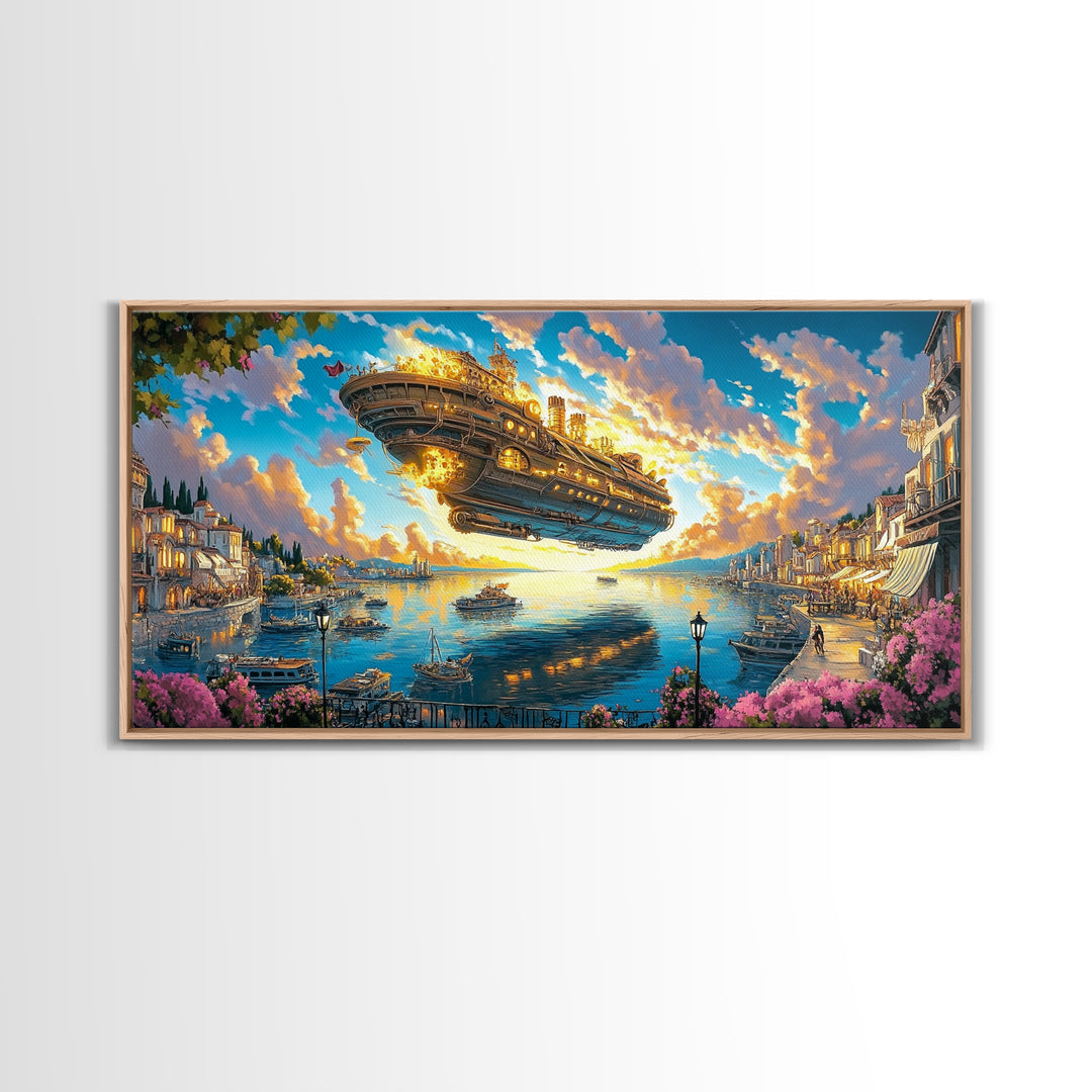 Golden Airship Above Mediterranean Harbor Canvas Print, Fantasy Travel Wall Art For Coastal Decor And Elegant Living Room Decor