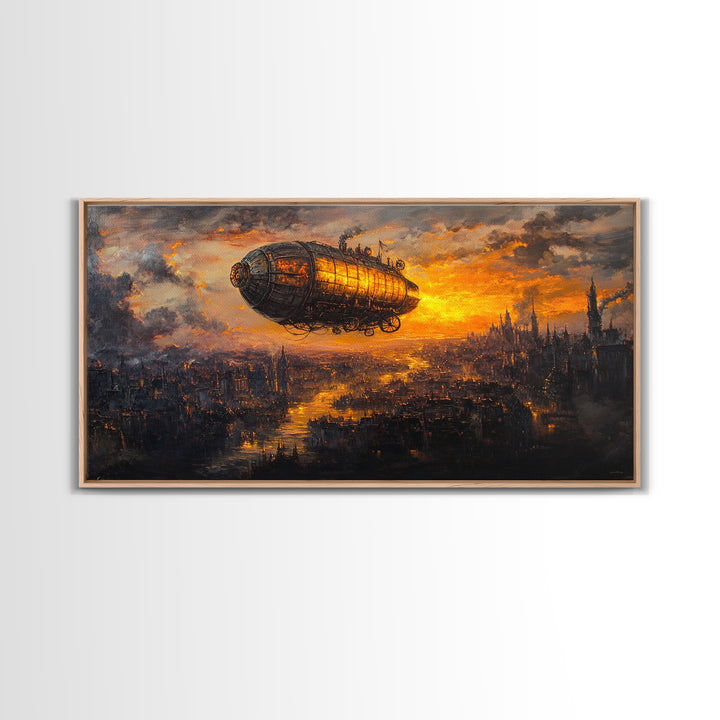 Moody Steampunk Airship At Fiery Sunset Framed Canvas Print, Dystopian City Wall Art For Gothic Office And Masculine Decor