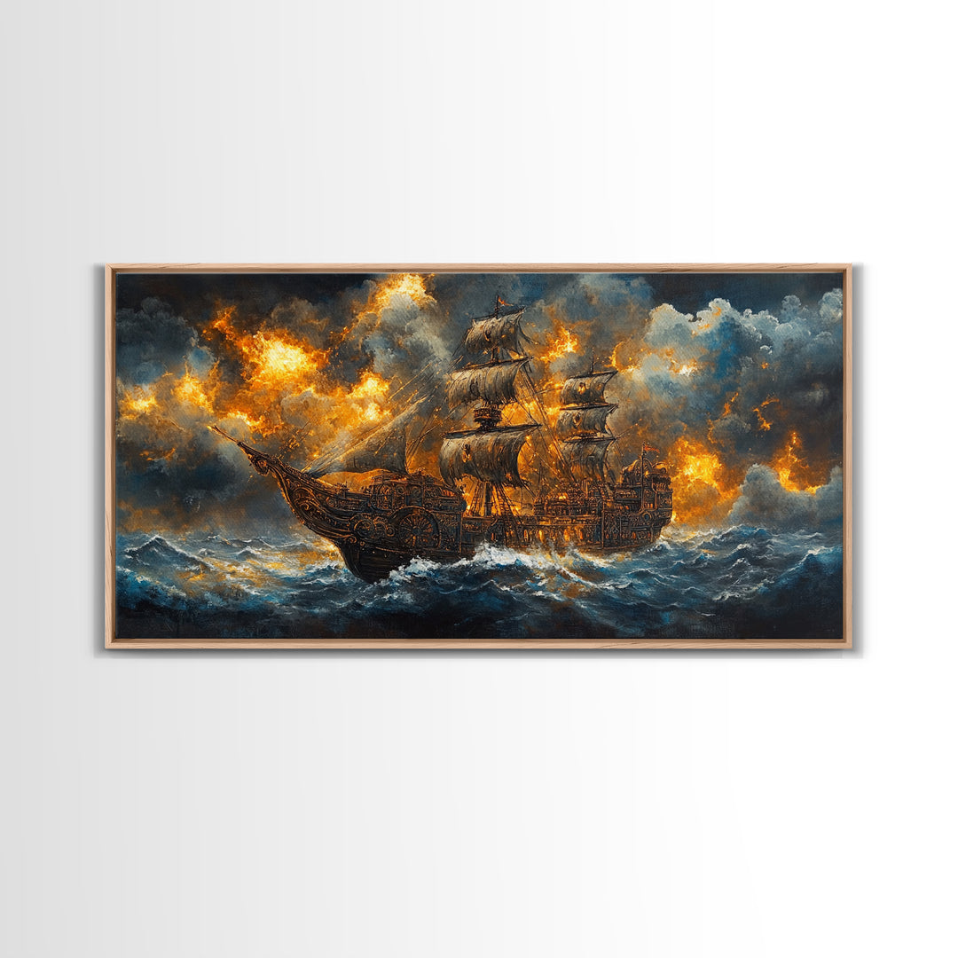Stormy Pirate Ship In Fiery Seas Framed Canvas Print, Dramatic Nautical Wall Art For Gothic Decor And Fantasy Home Decor