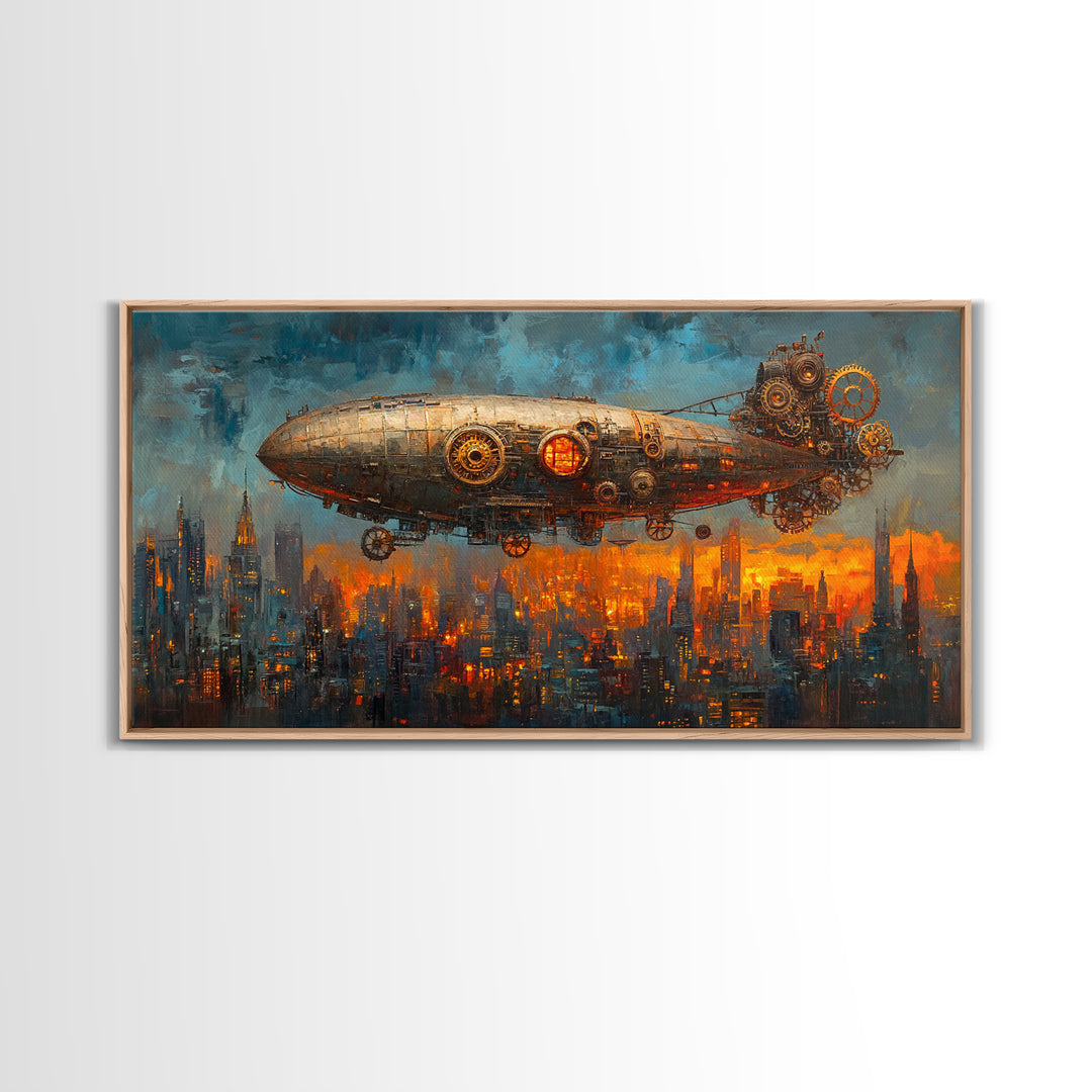 Industrial Steampunk Zeppelin Over Orange City Canvas Print, Futuristic Wall Art For Sci Fi Office Decor And Urban Home Decor