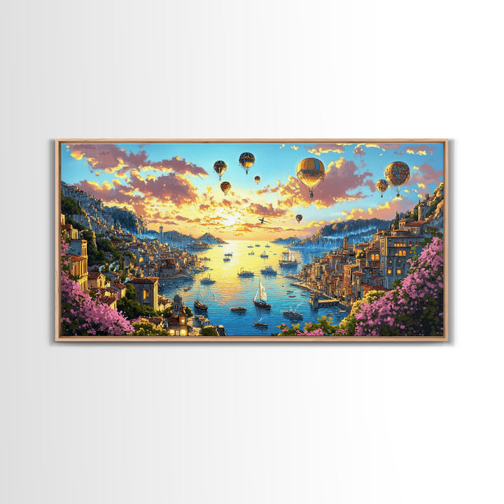 Hot Air Balloons Over Golden Harbor Canvas Print, Whimsical Coastal Wall Art For Travel Inspired Decor And Living Room Decor