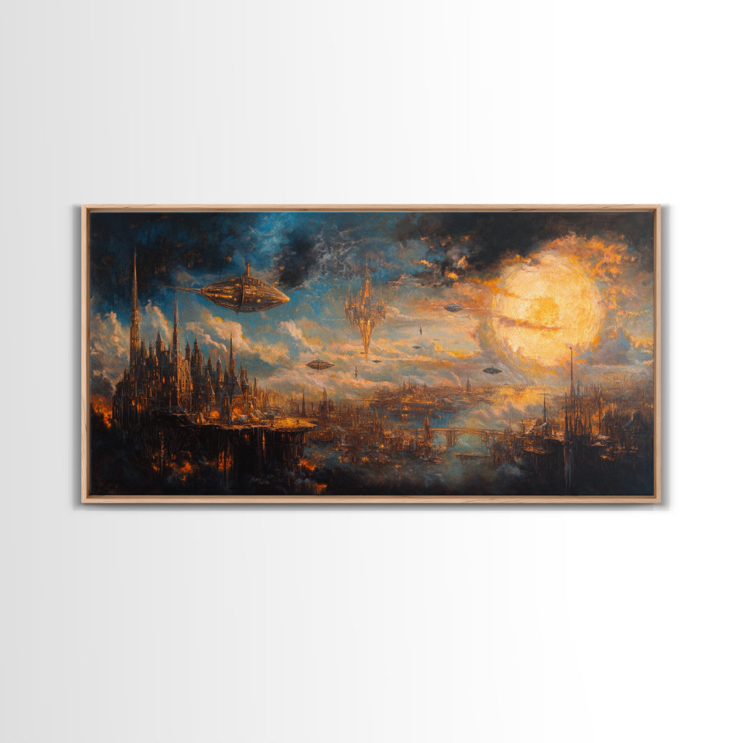 Steampunk Sky City With Airships Wall Art, Futuristic Fantasy Landscape, Dark Sci Fi Decor, Large Canvas Print For Office