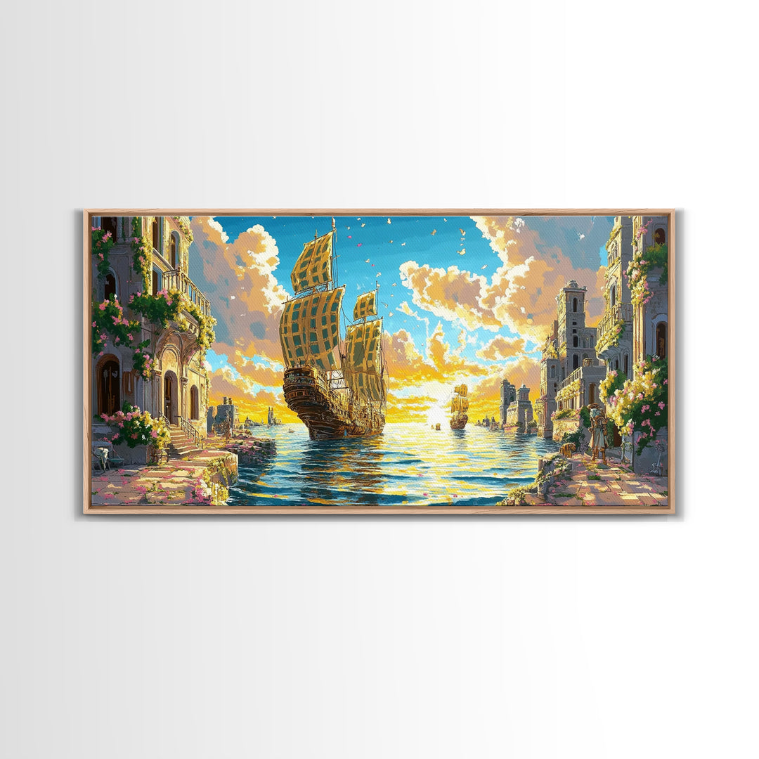 Golden Sailing Ship Canal Wall Art, Mediterranean Coastal Decor, Fantasy Seascape Canvas Print, Vibrant Living Room Art Print