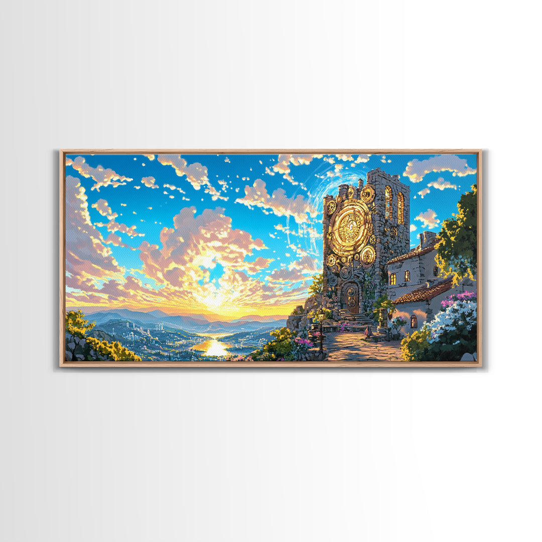 Golden Clock Tower At Sunset Wall Art, Steampunk Fantasy Landscape, Framed Canvas Print, Vibrant Travel Poster Decor Gift