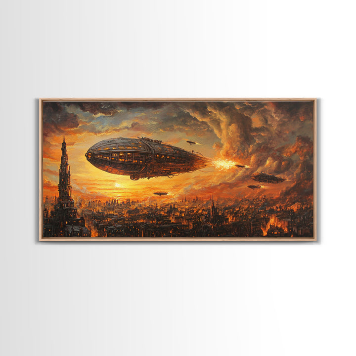 Fiery Airship Over Burning City Wall Art, Dark Steampunk Sci Fi Decor, Futuristic Landscape Canvas Print, Man Cave Art Gift