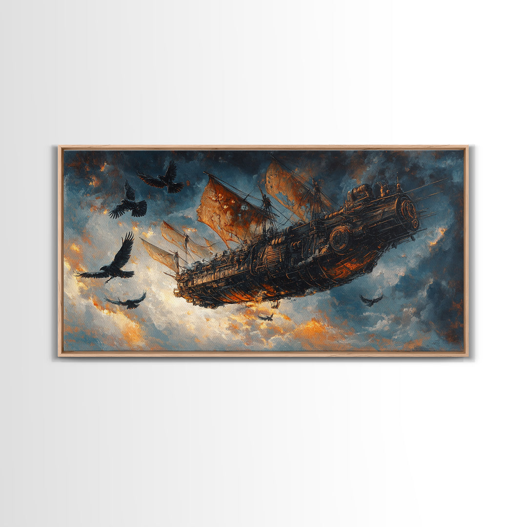 Dark Flying Pirate Ship Wall Art, Steampunk Fantasy Skyship, Gothic Adventure Canvas Print, Moody Sci Fi Office Decor Gift