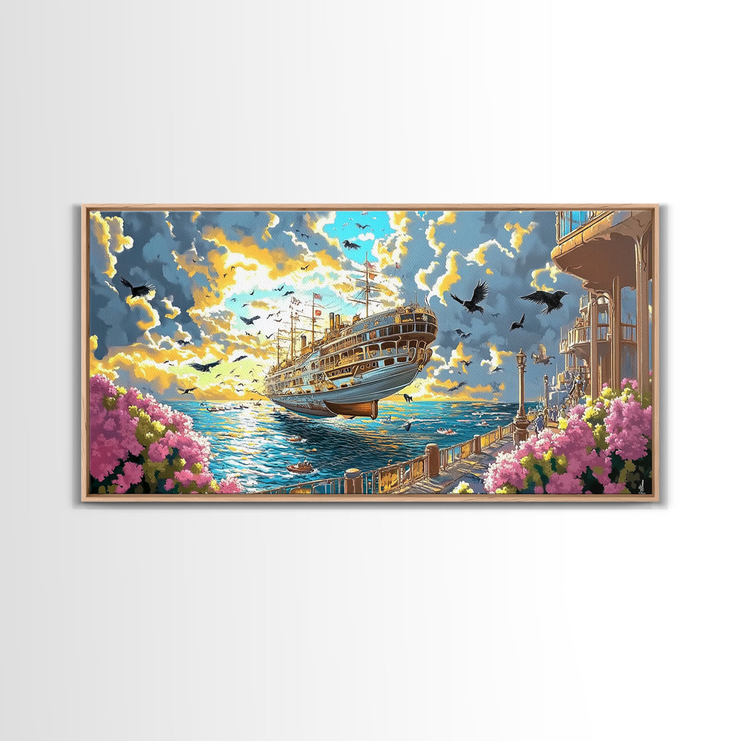 Sunlit Flying Ship By Floral Coast Wall Art, Whimsical Coastal Fantasy, Vibrant Canvas Print, Nautical Living Room Decor