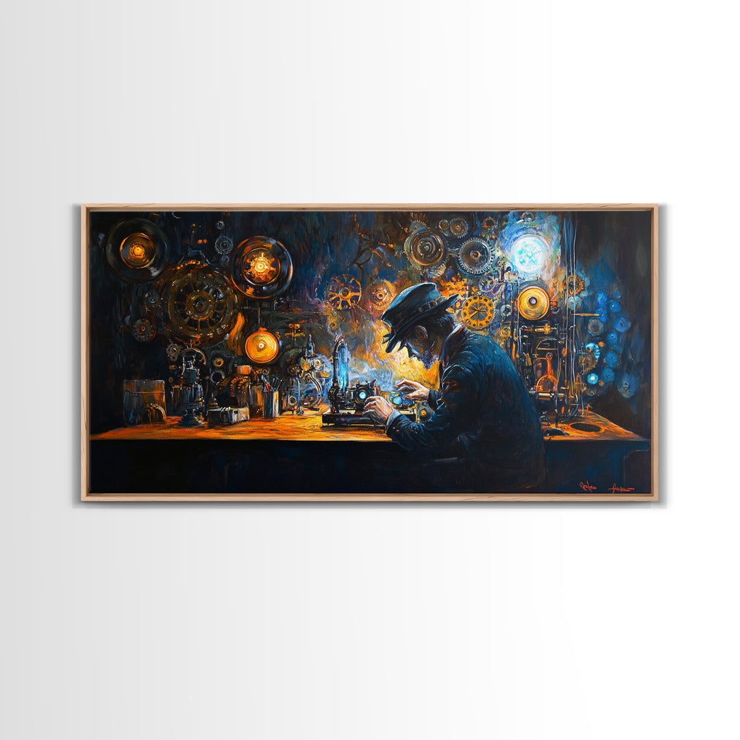 Steampunk Inventor At Workbench With Glowing Gears Framed Canvas Print, Dark Academia Wall Art, Office Decor, Gift For Him